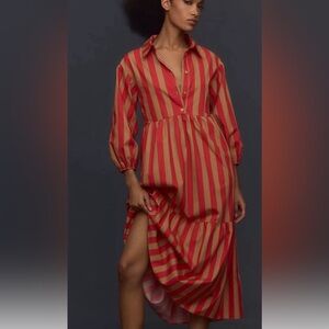 NWT Anthropologie Maeve The Bettina Tiered Maxi Dress Tan Red Honey Striped Sz S